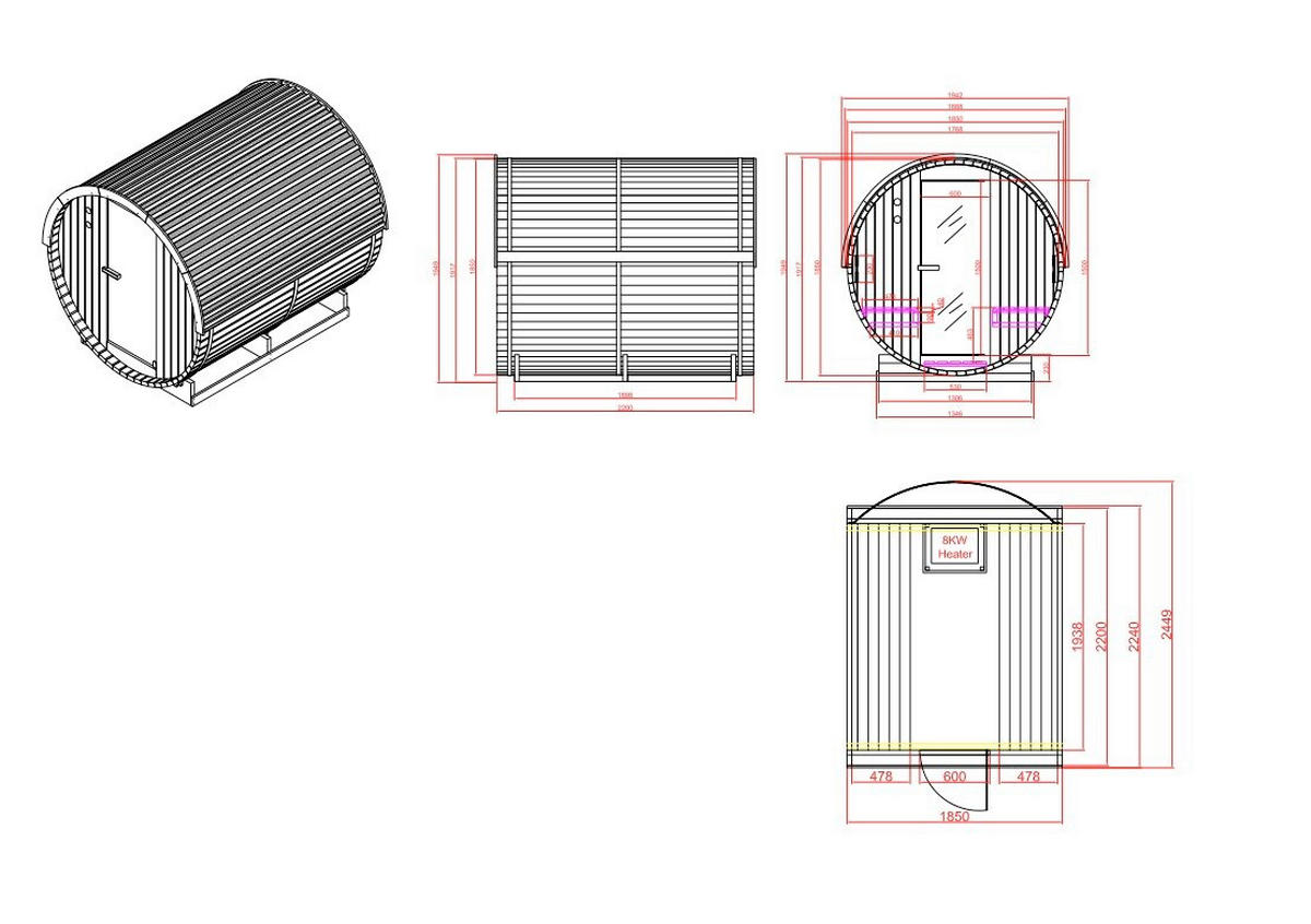 SAUNA für 6 Personen Nyborg  - Naturfarben, KONVENTIONELL, Glas/Holz (224,9/194,9/194,20cm)