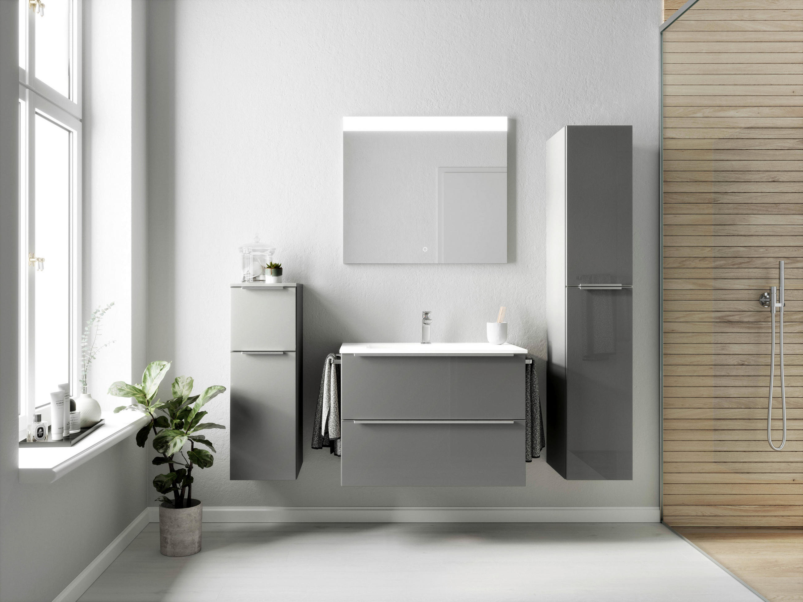 BADEZIMMER 5-teilig  in 141 cm  - Schieferfarben/Edelstahlfarben, MODERN, Holzwerkstoff/Stein (141cm) - Nobilia