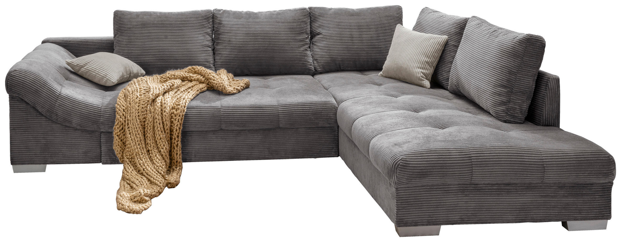 ECKSOFA Grau Cord Zierkissen, Rückenkissen, Schlaffunktion, Rücken echt, Liegefläche im Originalstoff  - Silberfarben/Grau, Design, Holz/Textil (298/202cm) - P & B