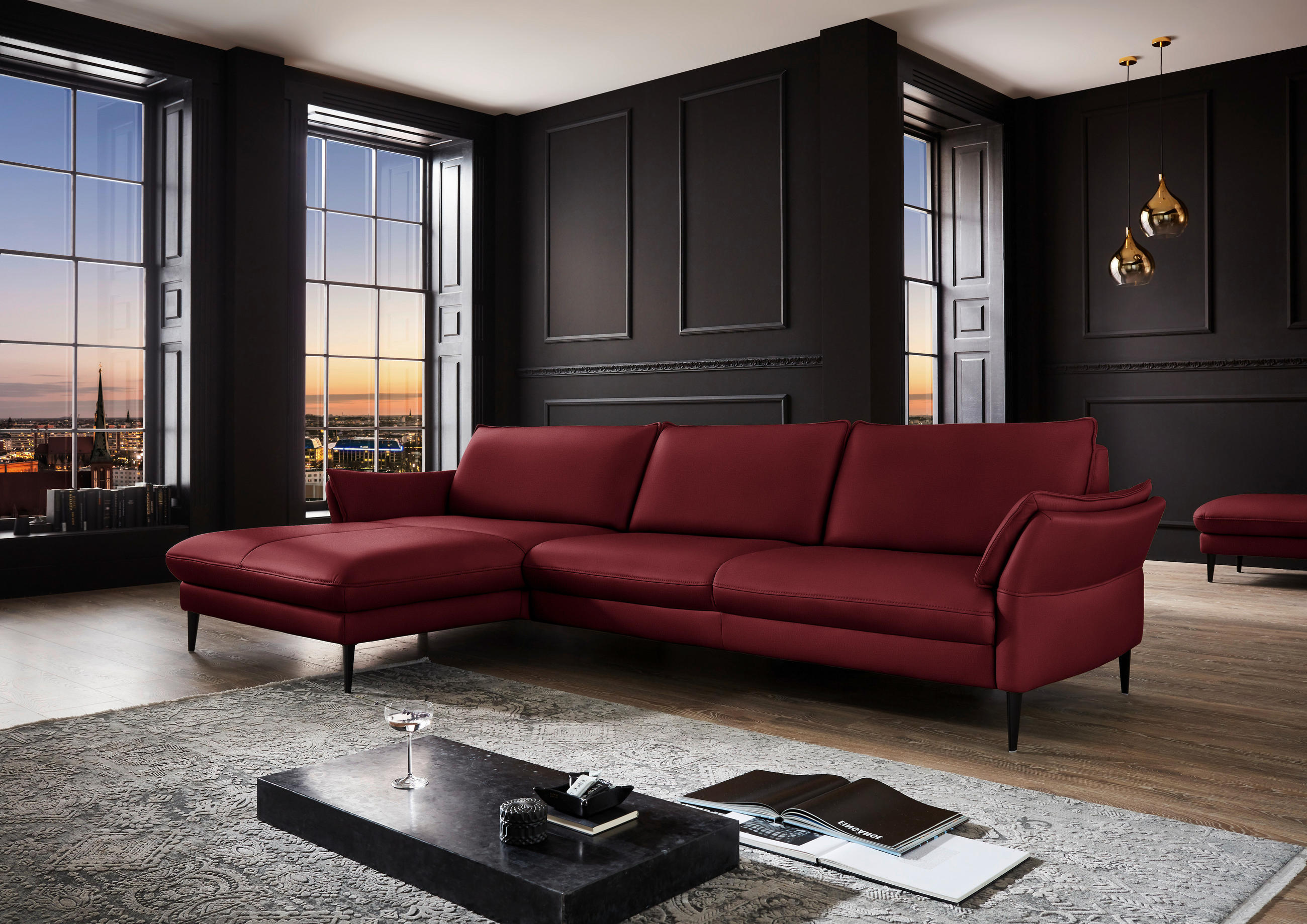 ECKSOFA in Echtleder Rotbraun  - Rotbraun/Schwarz, Design, Leder/Metall (172/334cm) - Hukla