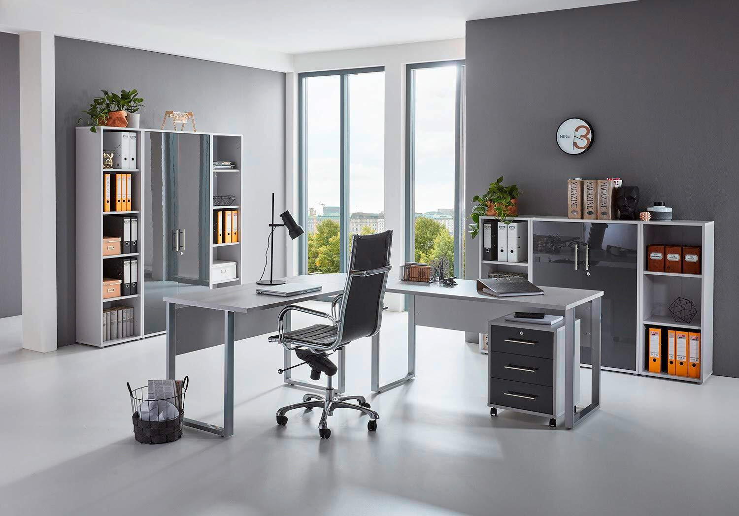 BÜRO erweiterbar, in verschiedenen Holz-Dekoren erhältlich, Schreibtisch seitenverkehrt montierbar, abschließbar Grau, Anthrazit Hochglanz - Anthrazit Hochglanz/Grau, MODERN, Holzwerkstoff - MID.YOU