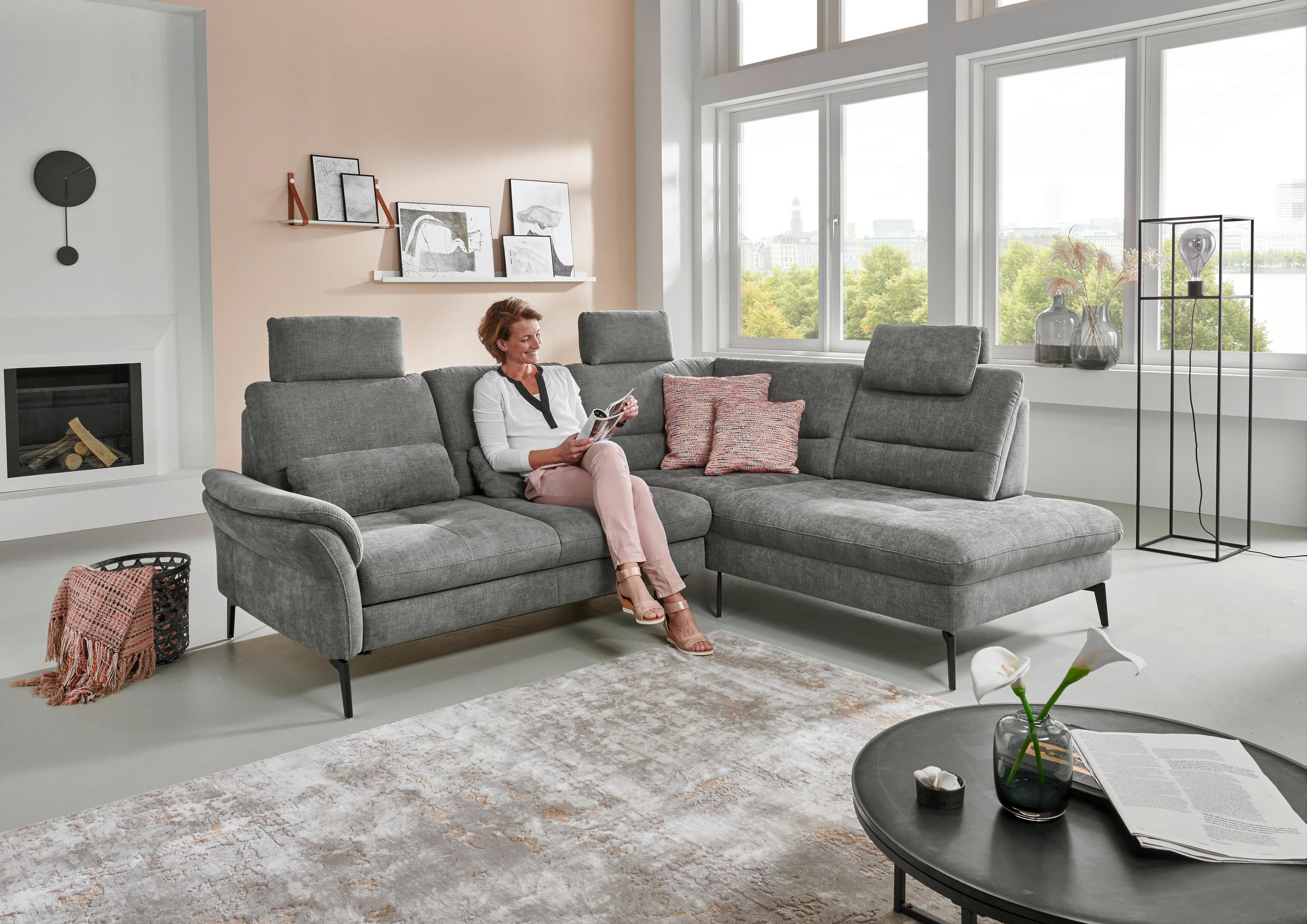ECKSOFA Grau Webstoff  - Schwarz/Grau, Design, Textil/Metall (256/206cm) - Beldomo System