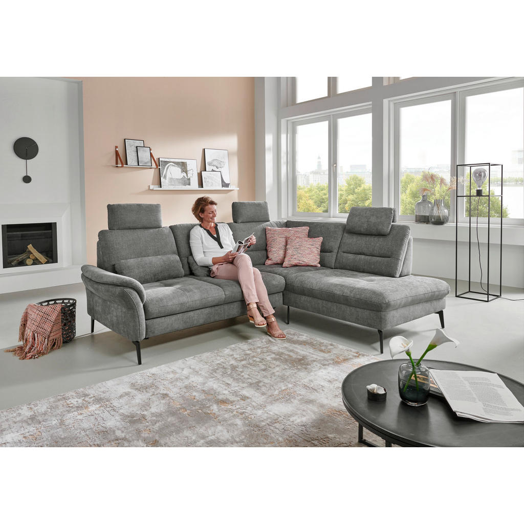 Thumbnail - Beldomo System Ecksofa, Grau, Textil, Ottomane rechts, L-Form, 256x206 cm, Goldenes M, Stoffauswahl, seitenverkehrt erhä...