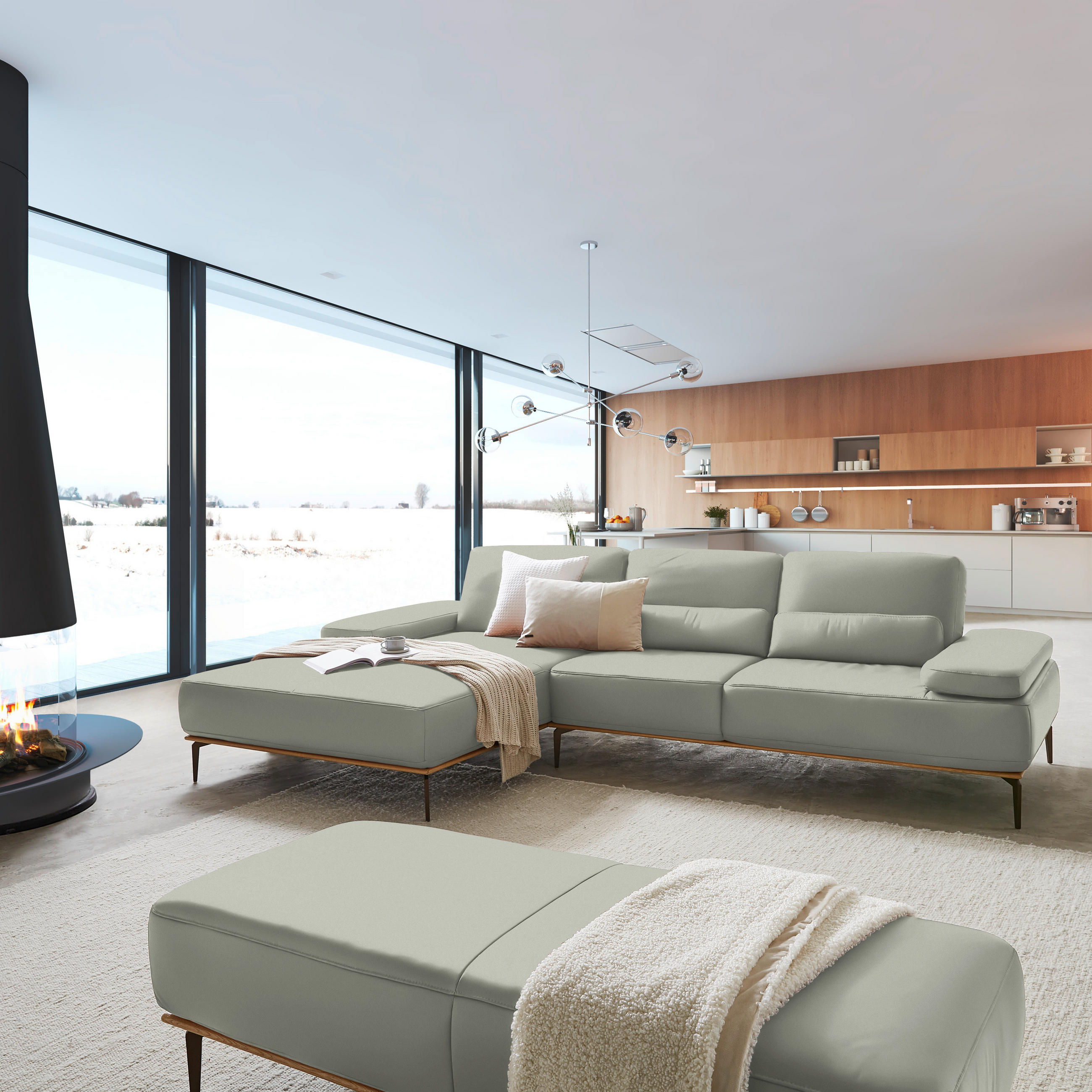 ECKSOFA in Echtleder Hellgrau  176/314 cm  - Hellgrau/Bronzefarben, Design, Leder/Holz (176/314cm) - Valnatura