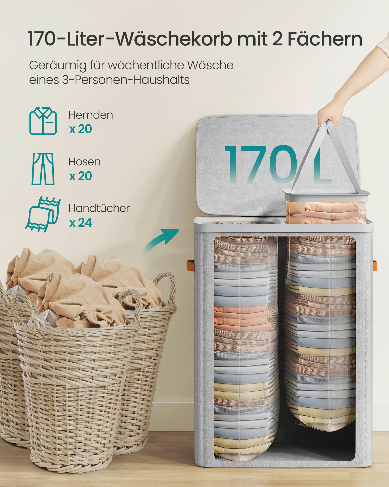 WÄSCHEKORB - Grau, Trend, Kunststoff/Textil (56/75/40cm) - Boxxx