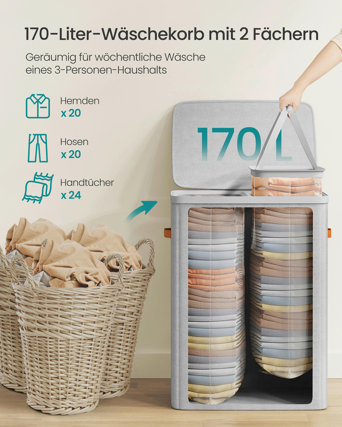WÄSCHEKORB - Grau, Trend, Kunststoff/Textil (56/75/40cm) - Boxxx