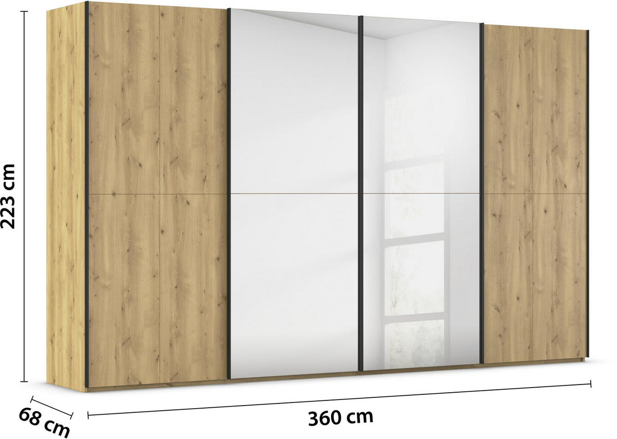 SCHWEBETÜRENSCHRANK 360/223/68 cm 4-türig Eichefarben  - Eichefarben/Schwarz, Design, Holz/Holzwerkstoff (360/223/68cm) - Novel