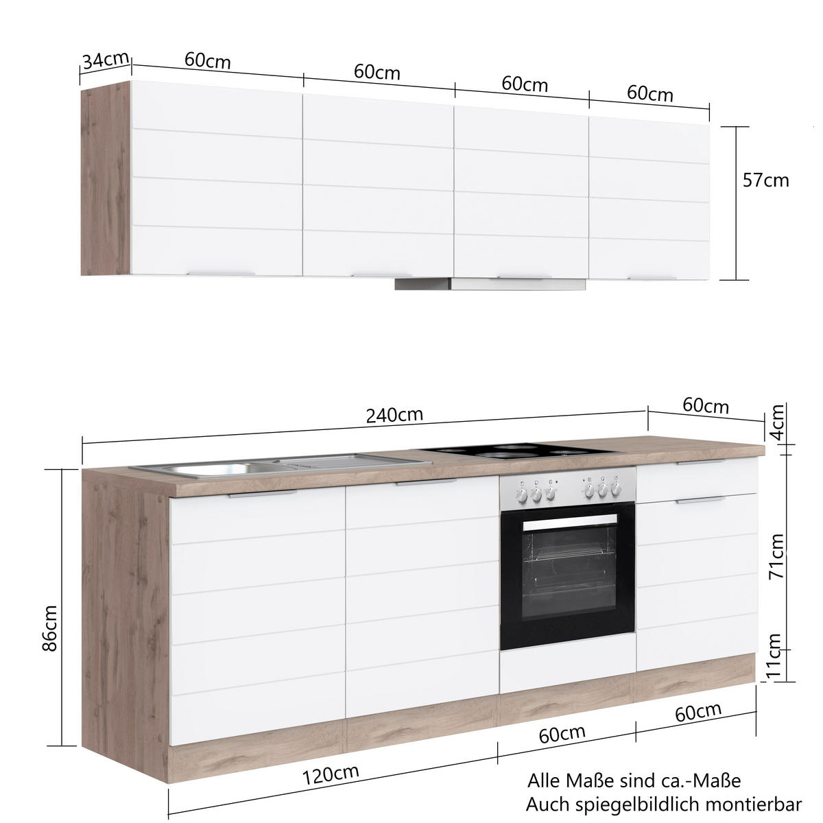 KÜCHENBLOCK 240 cm   in Grau, Eiche Wotan  - Eiche Wotan/Grau, Design, Holzwerkstoff/Metall (240cm) - Held