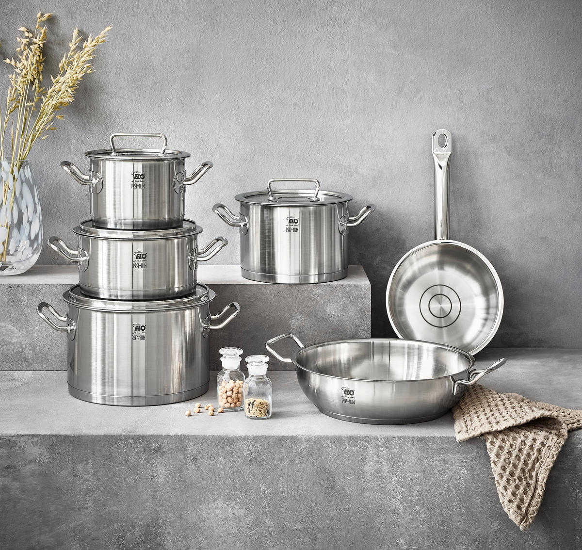 KOCHTOPFSET ELO Gourmet Plus 6-teilig  - Edelstahlfarben/Transparent, Design, Glas/Metall - ELO