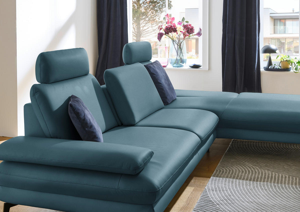 ECKSOFA in Echtleder Blau  - Blau/Schwarz, Design, Leder/Metall (308/195cm) - Dieter Knoll
