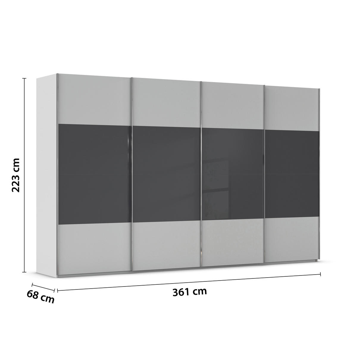 SCHWEBETÜRENSCHRANK 361/223/68 cm 4-türig Grau, Schwarz  - Chromfarben/Schwarz, KONVENTIONELL, Glas/Holzwerkstoff (361/223/68cm) - Novel