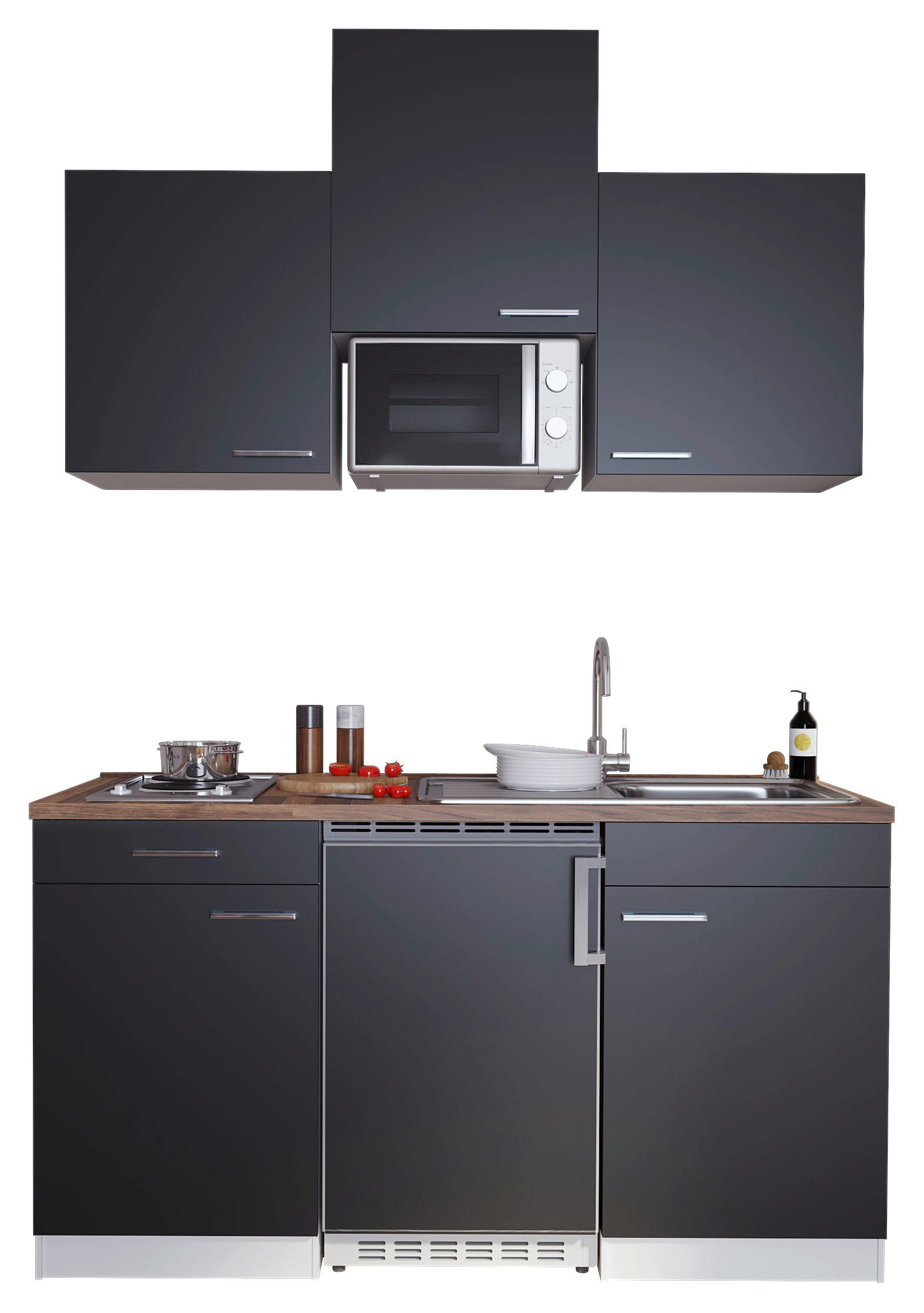 MINIKÜCHE 150 cm in Schwarz - Edelstahlfarben/Nussbaumfarben, Basics, Holzwerkstoff/Kunststoff (150cm) - Respekta