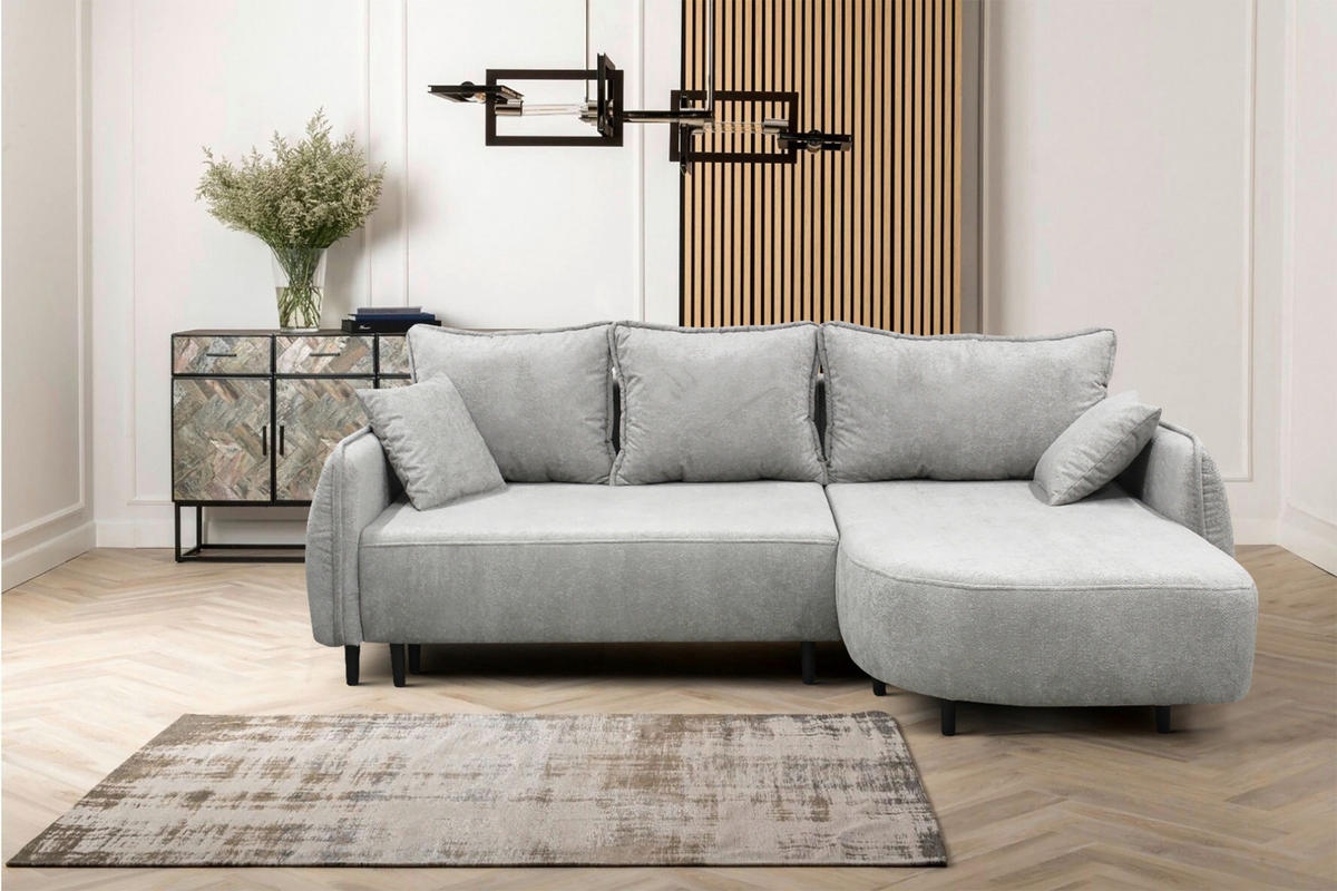 ECKSOFA MURANO Hellgrau Chenille Zierkissen, Rückenkissen, Bettkasten  - Hellgrau/Schwarz, Design, Holz/Textil (242/167cm) - MID.YOU