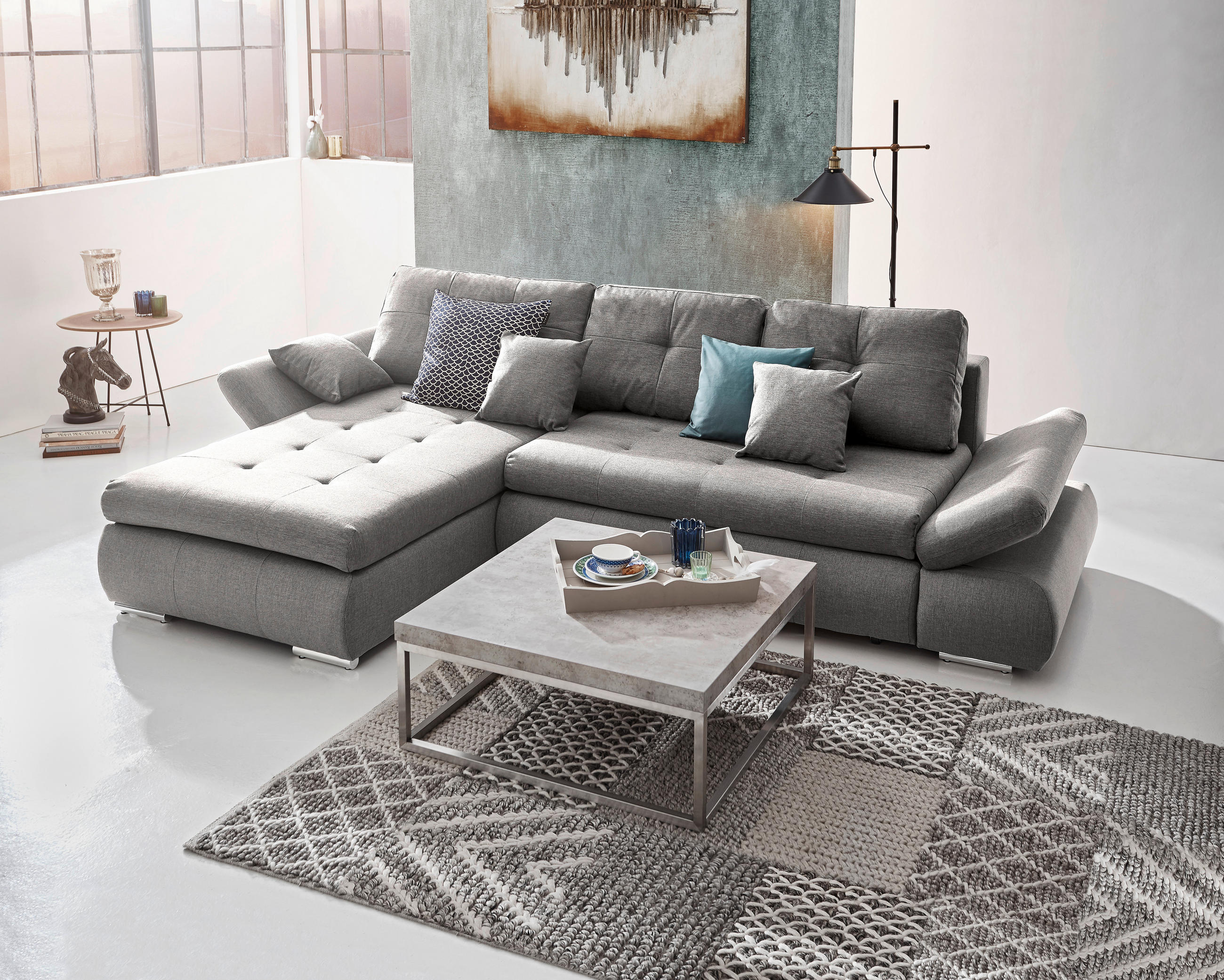 ECKSOFA in Webstoff Graubraun  - Chromfarben/Graubraun, Design, Kunststoff/Textil (302/187cm) - Carryhome