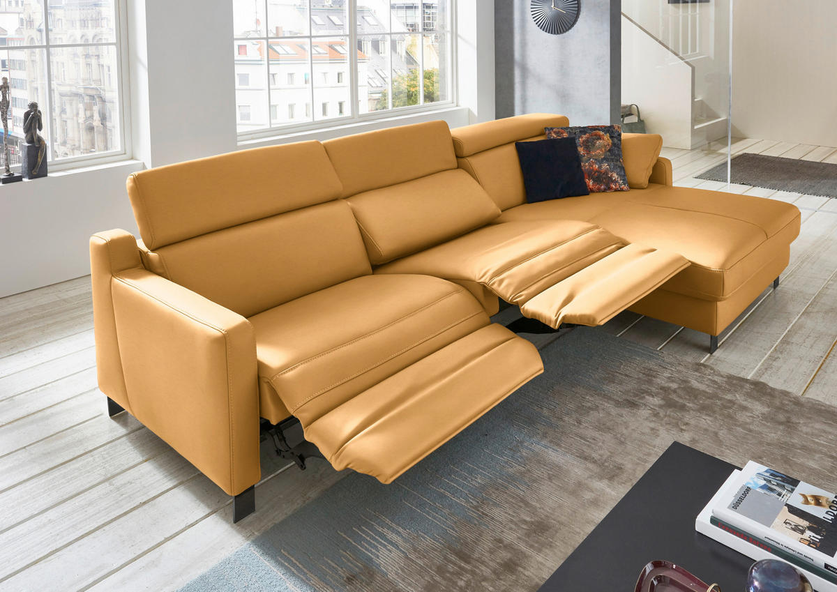 ECKSOFA in Echtleder Currygelb  - Currygelb/Schwarz, Design, Leder/Metall (291/176cm) - Valdera