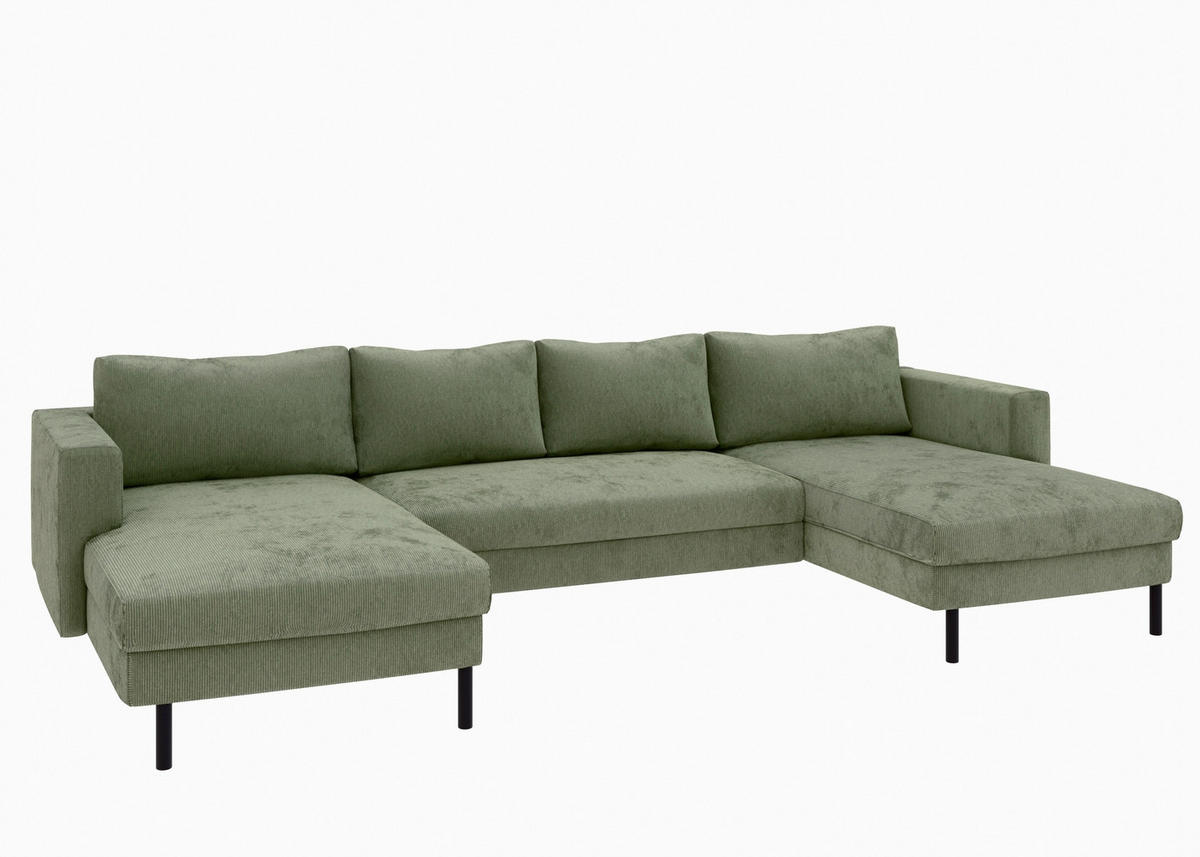 WOHNLANDSCHAFT Grün Cord  - Schwarz/Grün, MODERN, Textil/Metall (161/306/161cm) - Trendmanufaktur