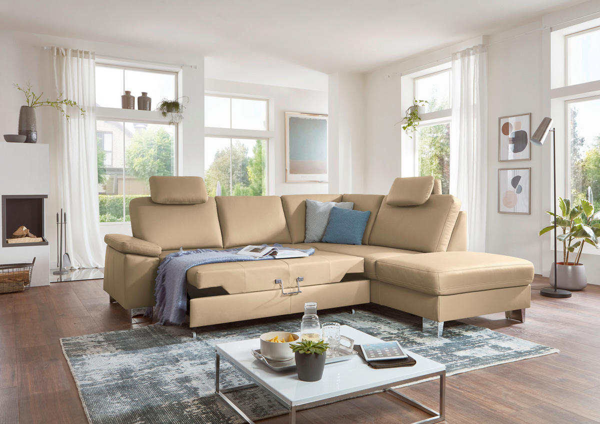 ECKSOFA  in Echtleder Beige  248/235 cm  - Beige/Alufarben, Design, Leder/Metall (248/235cm) - Beldomo Premium