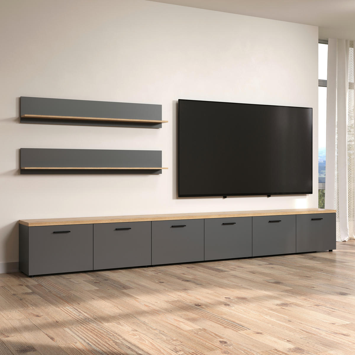 WOHNWAND 5-teilig  in Anthrazit, Eichefarben  360/180/40 cm  - Eichefarben/Anthrazit, Design, Holzwerkstoff/Kunststoff (360/180/40cm) - MID.YOU