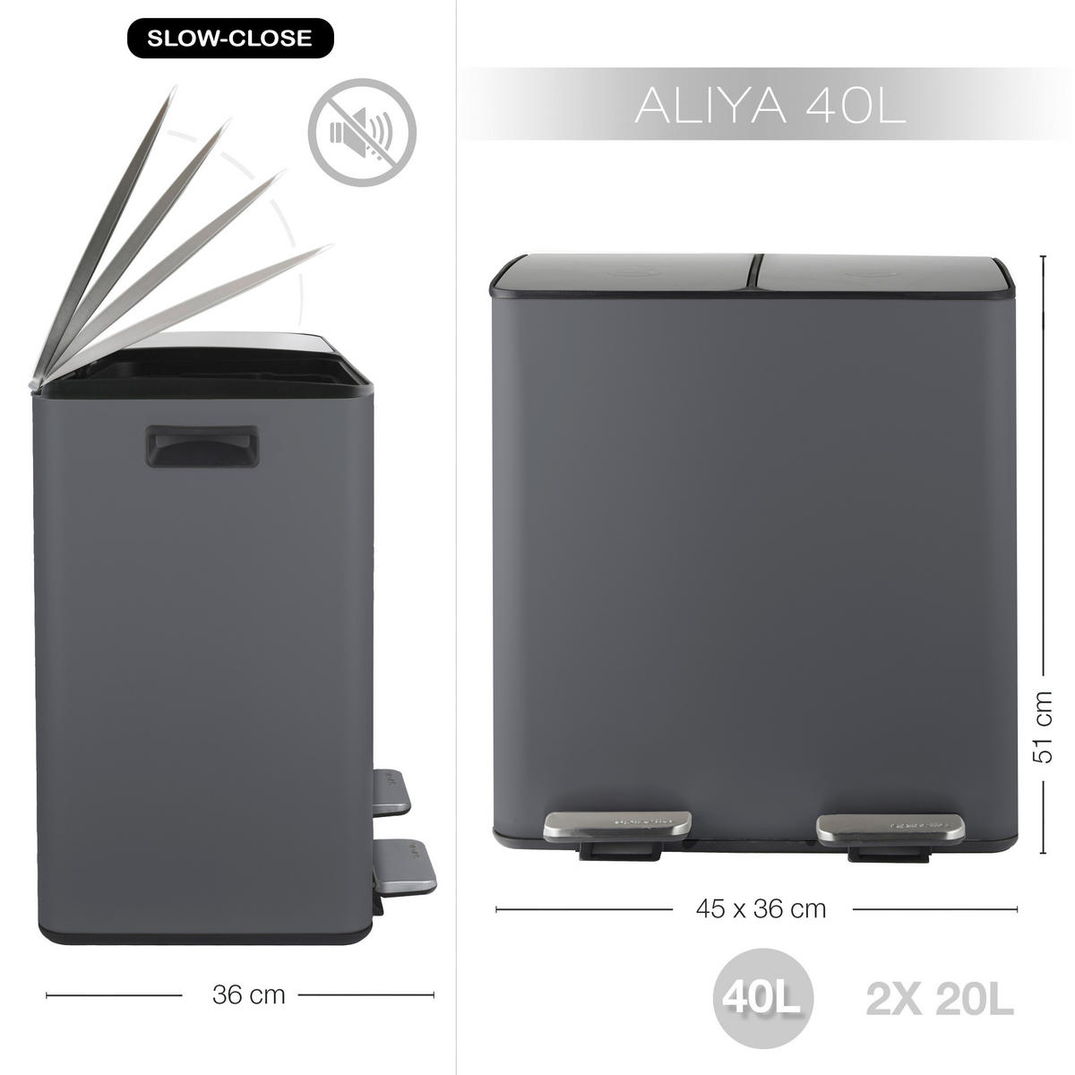 TRETEIMER 40 l  Metall  - Dunkelgrau/Schwarz, Basics, Kunststoff/Metall (45/30/51cm) - Spirella
