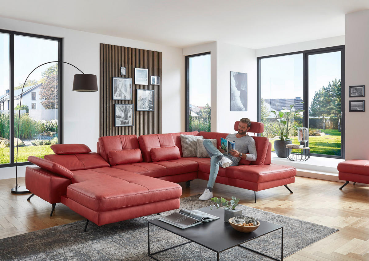 WOHNLANDSCHAFT in Lederlook, Mikrofaser Rot  - Rot/Schwarz, Design, Textil/Metall (179/345/220cm) - Beldomo System