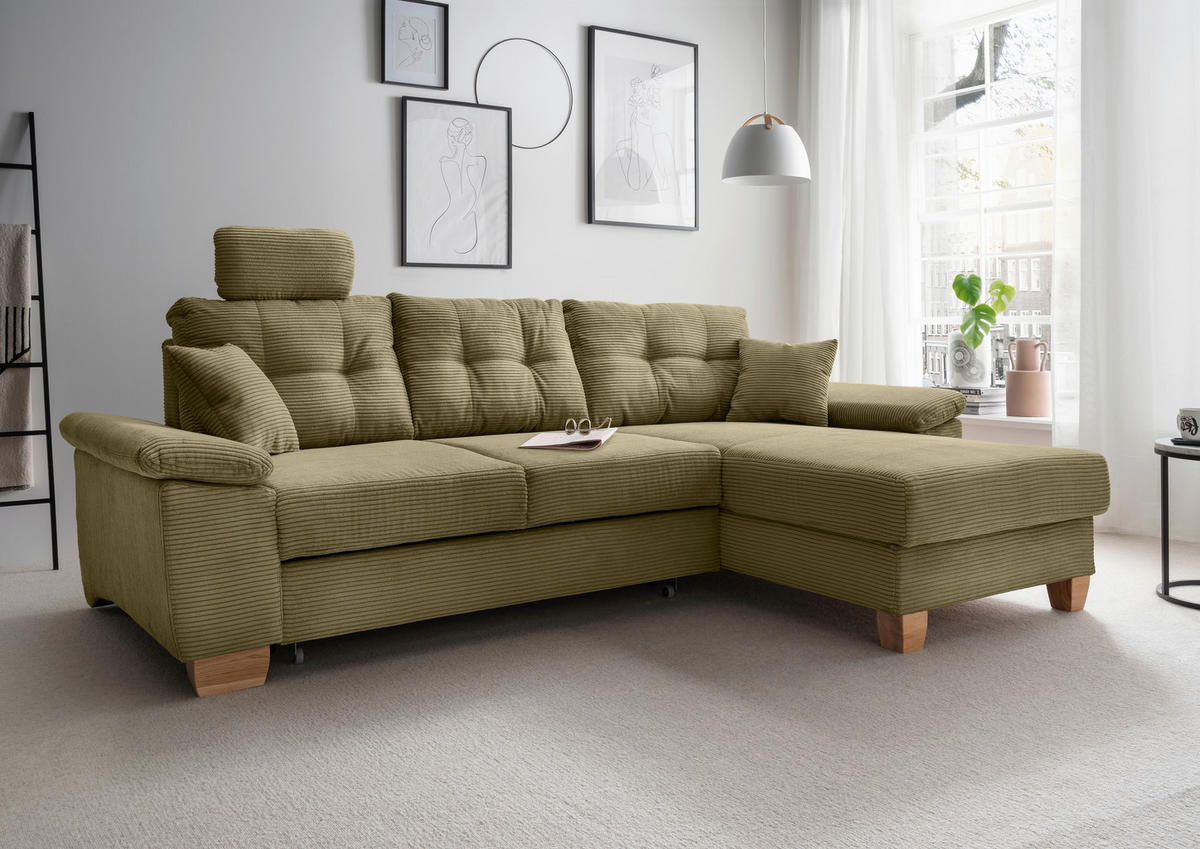 ECKSOFA in Cord Olivgrün  - Naturfarben/Olivgrün, Modern, Holz/Textil (270/176cm) - Livetastic