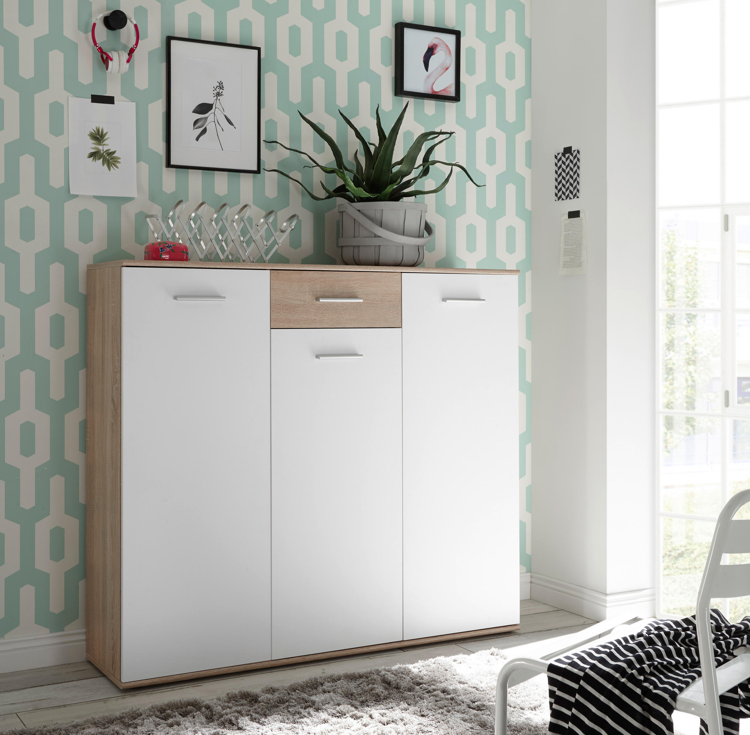 ORMAR ZA OBUĆU bijela, hrast Sonoma drvni materijal - bijela/srebrne boje, Design, drvni materijal/plastika (136/118/36cm) - Carryhome
