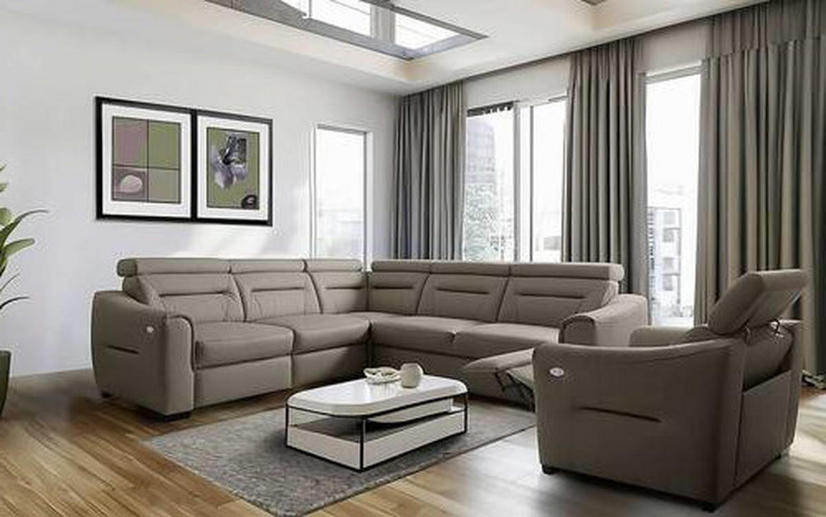 ECKSOFA Schlammfarben Echtleder Lederlook Schlaffunktion, Rücken echt, Relaxfunktion, Kopfteilverstellung  - Wengefarben/Schlammfarben, Design, Leder/Holz (260/260cm) - Celina Home