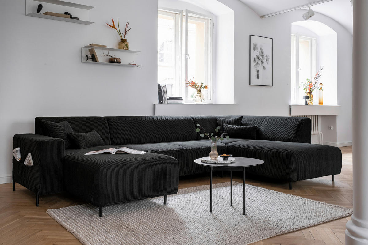WOHNLANDSCHAFT Dunkelgrau Cord  - Dunkelgrau/Schwarz, Textil/Metall (165/330/192cm) - MID.YOU