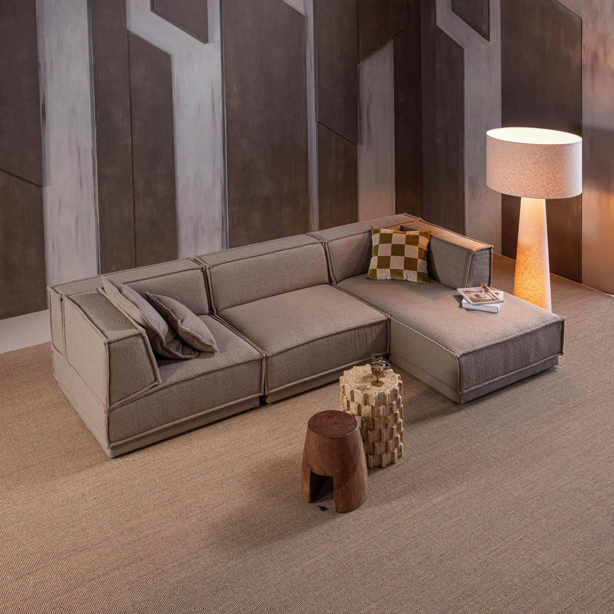 ECKSOFA Manu in Chenille Naturfarben  286/160 cm  - Schwarz/Naturfarben, MODERN, Kunststoff/Textil (286/160cm) - Livetastic