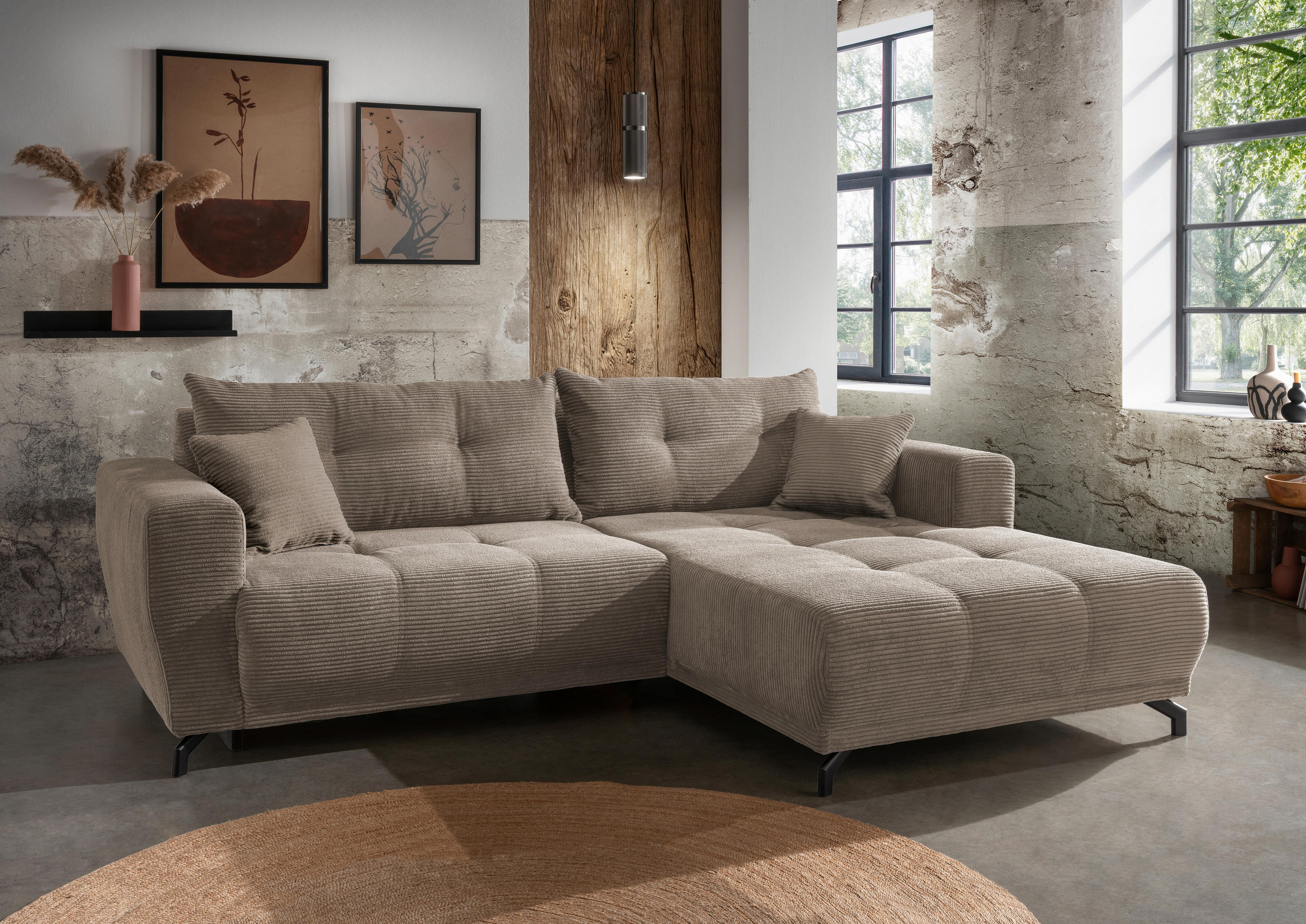 ECKSOFA Graubraun Cord  - Graubraun/Schwarz, MODERN, Holz/Textil (246/177cm) - MID.YOU