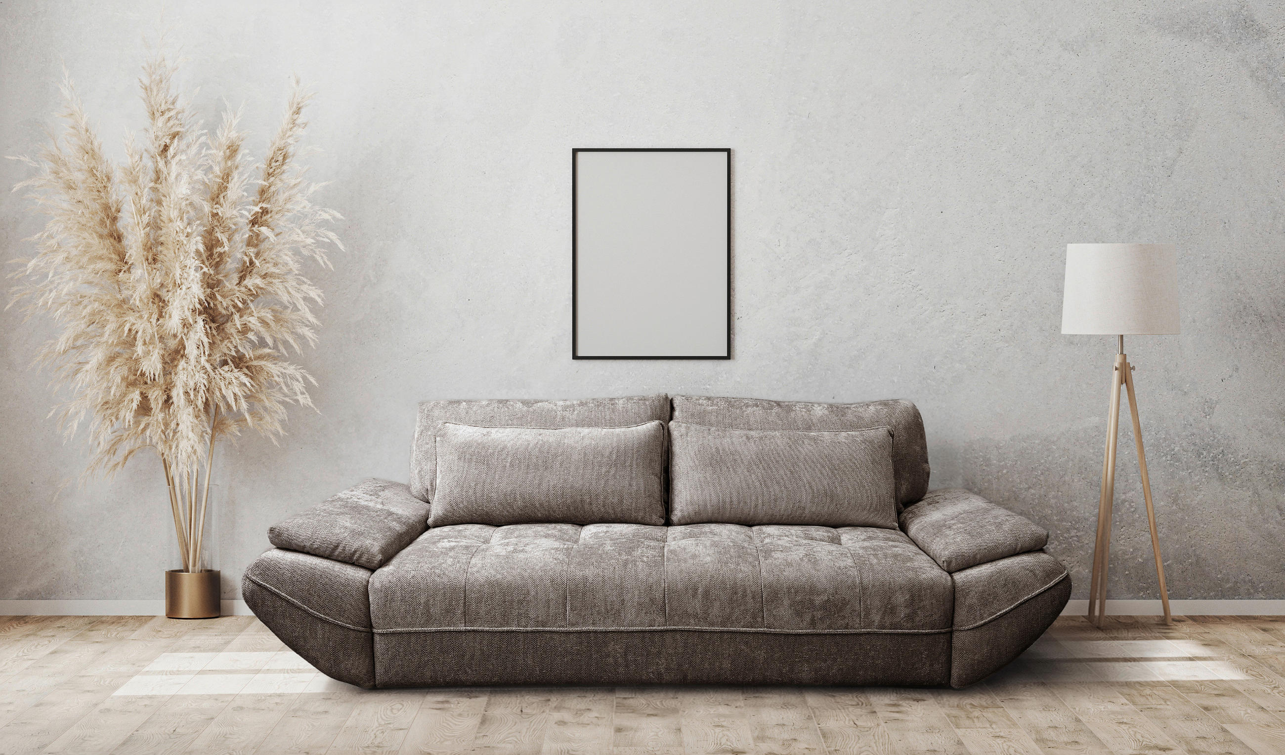 SCHLAFSOFA ELMA Struktur Taupe  inkl. Rückenkissen, Nierenkissen, Armlehnenkissen, Rücken echt  - Taupe/Schwarz, KONVENTIONELL, Holz/Kunststoff (280/73-93/107cm) - Livetastic