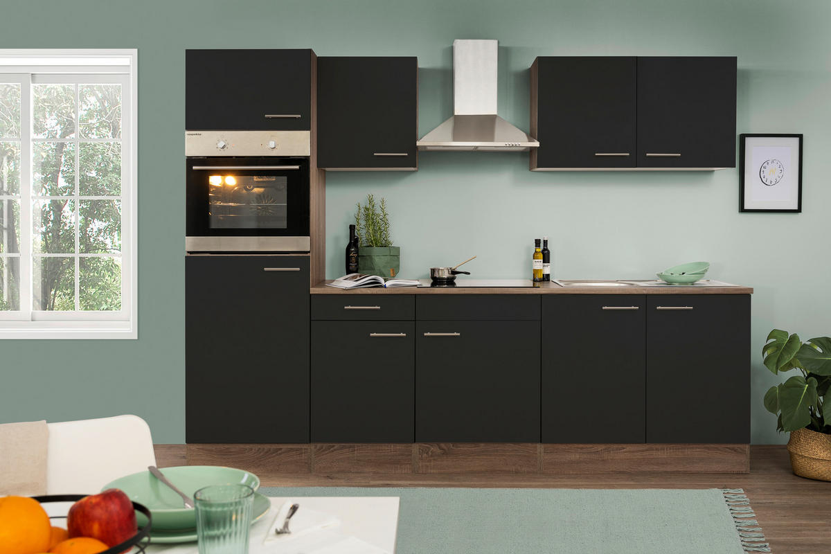 KÜCHENBLOCK 270 cm   in Schwarz, Eichefarben  - Edelstahlfarben/Eichefarben, Design, Holzwerkstoff/Metall (270cm) - Respekta