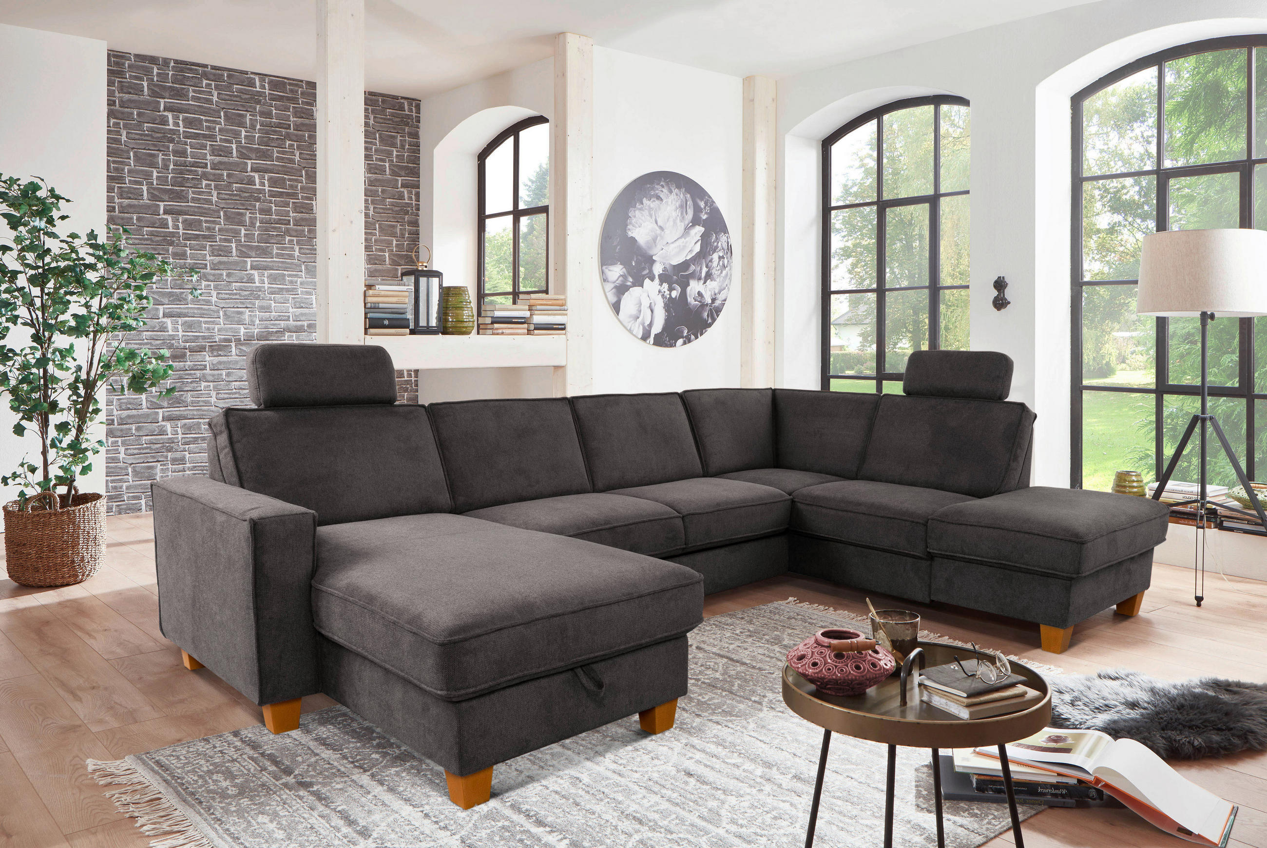 WOHNLANDSCHAFT Dunkelgrau Flachgewebe  - Eichefarben/Dunkelgrau, KONVENTIONELL, Holz/Textil (161/309/213cm) - Sit & More