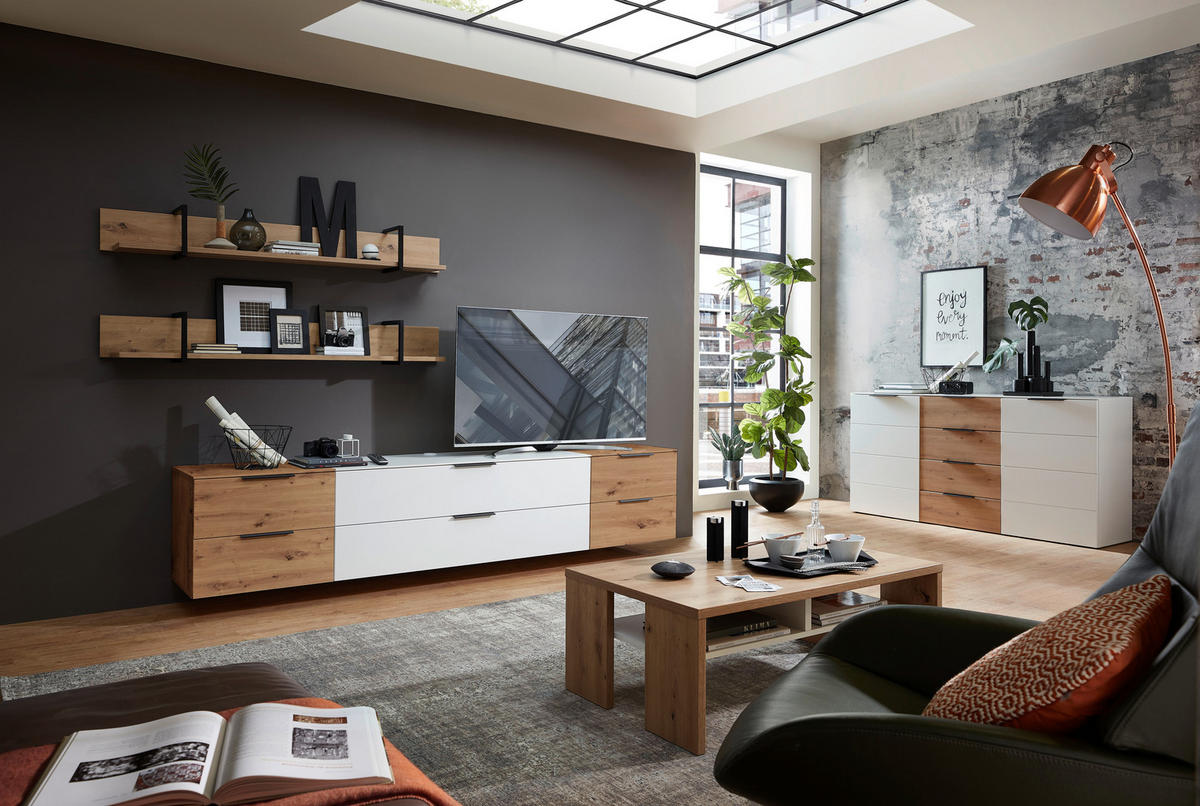 ANSAMBLU MOBILIER CAMERA DE Z in alb, culoare lemn stejar  - alb/culoare lemn stejar, Modern, metal/material pe bază de lemn (290/172/44cm) - Livetastic