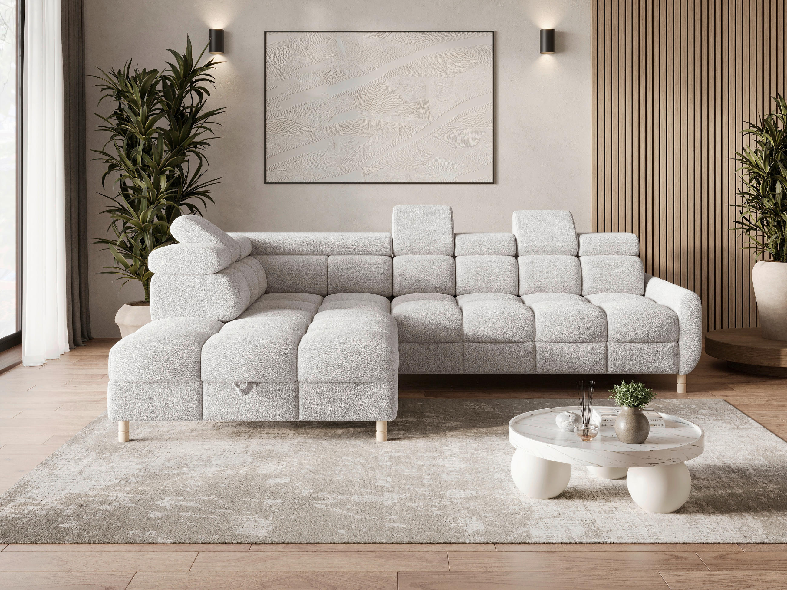 ECKSOFA BUN in Bouclé Hellgrau  - Elfenbein/Hellgrau, Design, Holz/Textil (209/276cm) - MID.YOU