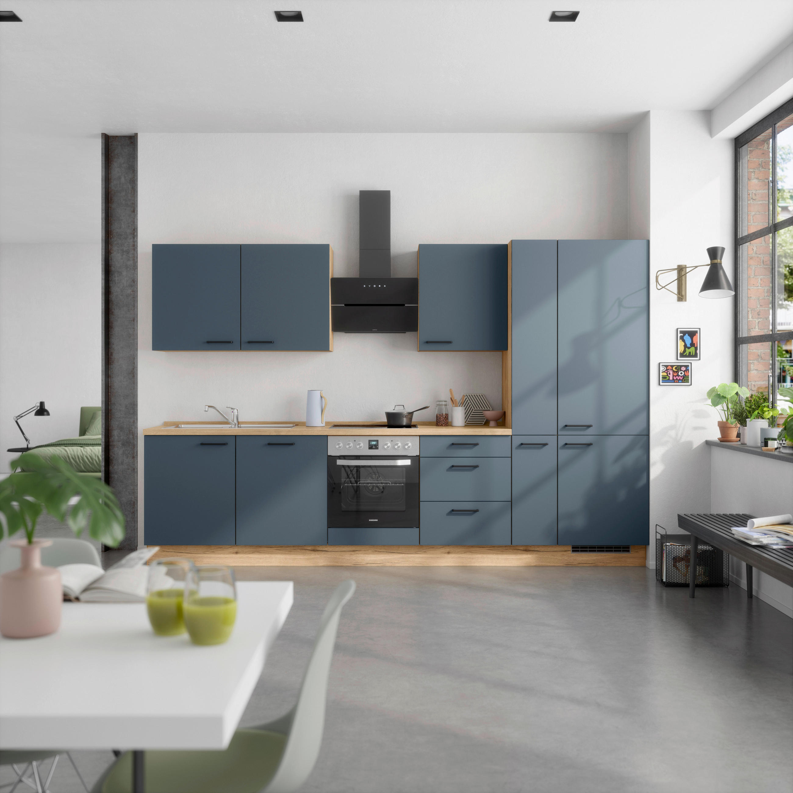 KÜCHENBLOCK Easytouch 330 cm  in Eichefarben, Dunkelblau  - Eichefarben/Schwarz, MODERN, Holzwerkstoff/Metall (330cm) - Nobilia