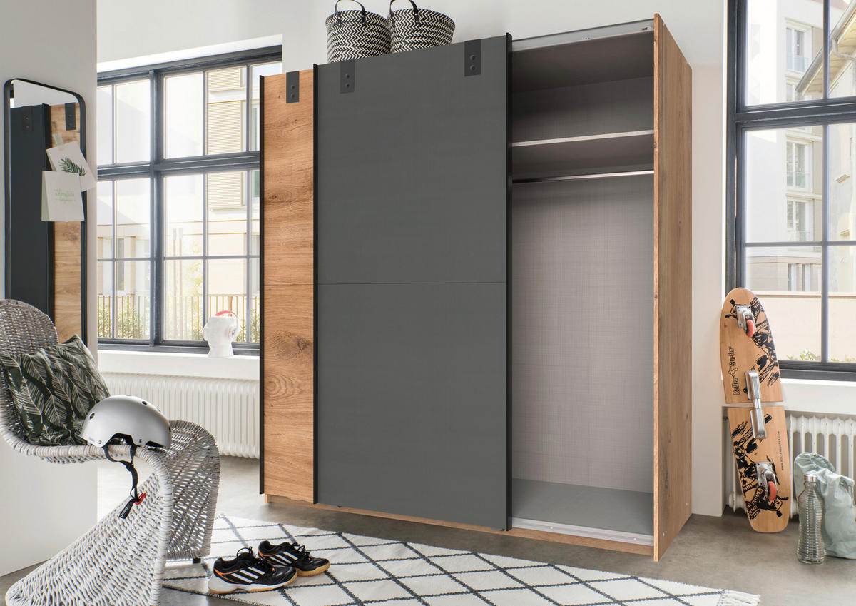 SCHWEBETÜRENSCHRANK in Graphitfarben, Eichefarben  - Eichefarben/Graphitfarben, Basics, Holzwerkstoff (180/198/64cm) - MID.YOU