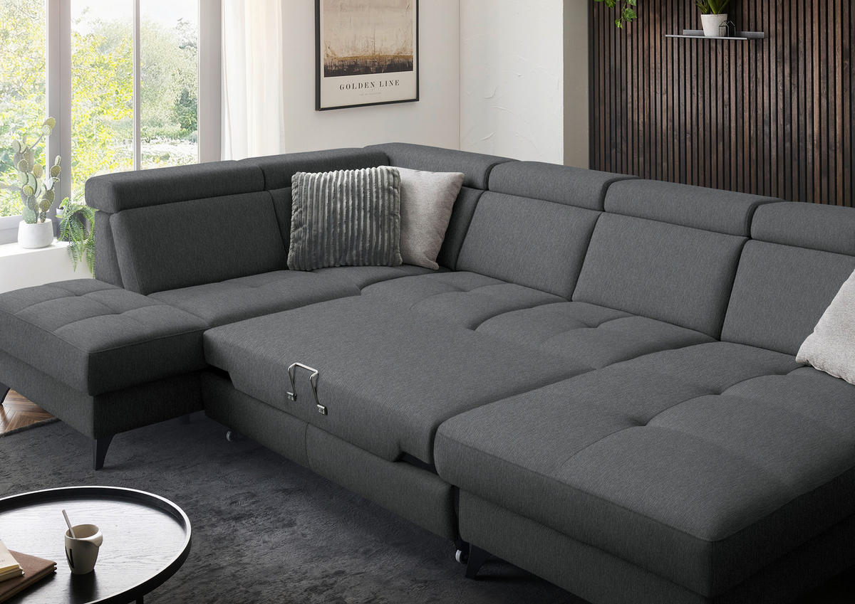 WOHNLANDSCHAFT Flachgewebe Dunkelgrau  - Dunkelgrau/Schwarz, Konventionell, Textil/Metall (215/333/174cm) - Beldomo System