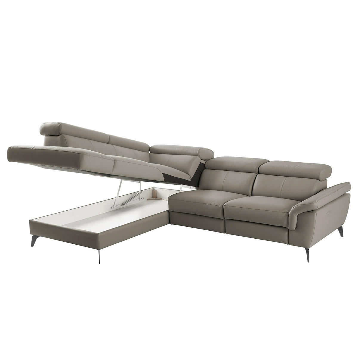 ECKSOFA SONO in Lederlook Echtleder Schlammfarben Bettkasten, Armteilverstellung, Kopfteilverstellung  210/265 cm  - Schlammfarben/Schwarz, Design, Leder/Textil (210/265cm) - Livetastic
