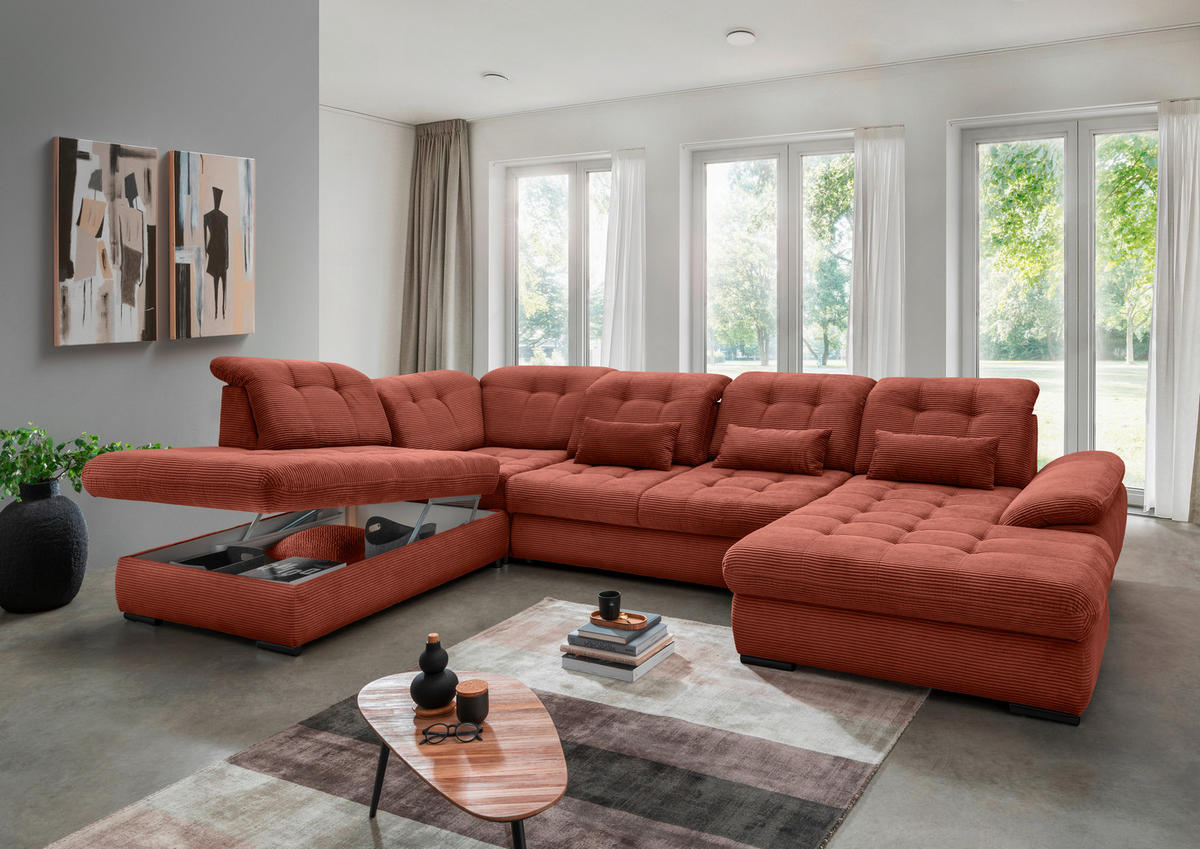 WOHNLANDSCHAFT in Cord Koralle  - Koralle/Schwarz, Modern, Textil/Metall (252/387/184cm) - Livetastic