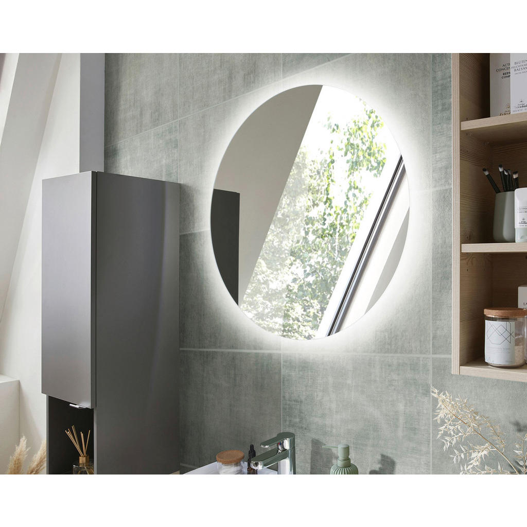 Thumbnail - Xora Badezimmerspiegel 393, Klar, Glas, Holzwerkstoff, rund, 70x70x4.2 cm, feuchtraumgeeignet, Badezimmer, Badezimmerspi...