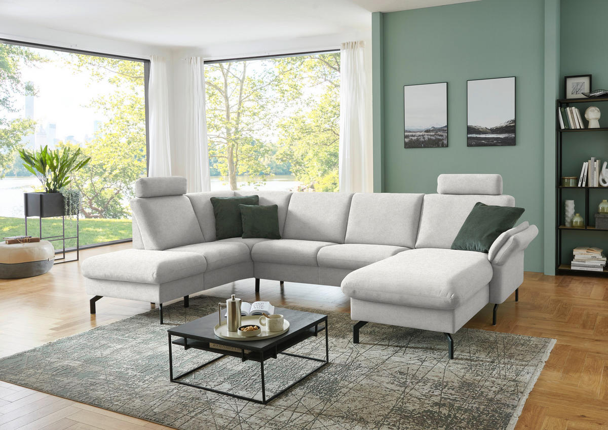 WOHNLANDSCHAFT Flachgewebe Alabasterfarben  - Alabasterfarben/Schwarz, Konventionell, Textil/Metall (190/307/170cm) - Beldomo Comfort