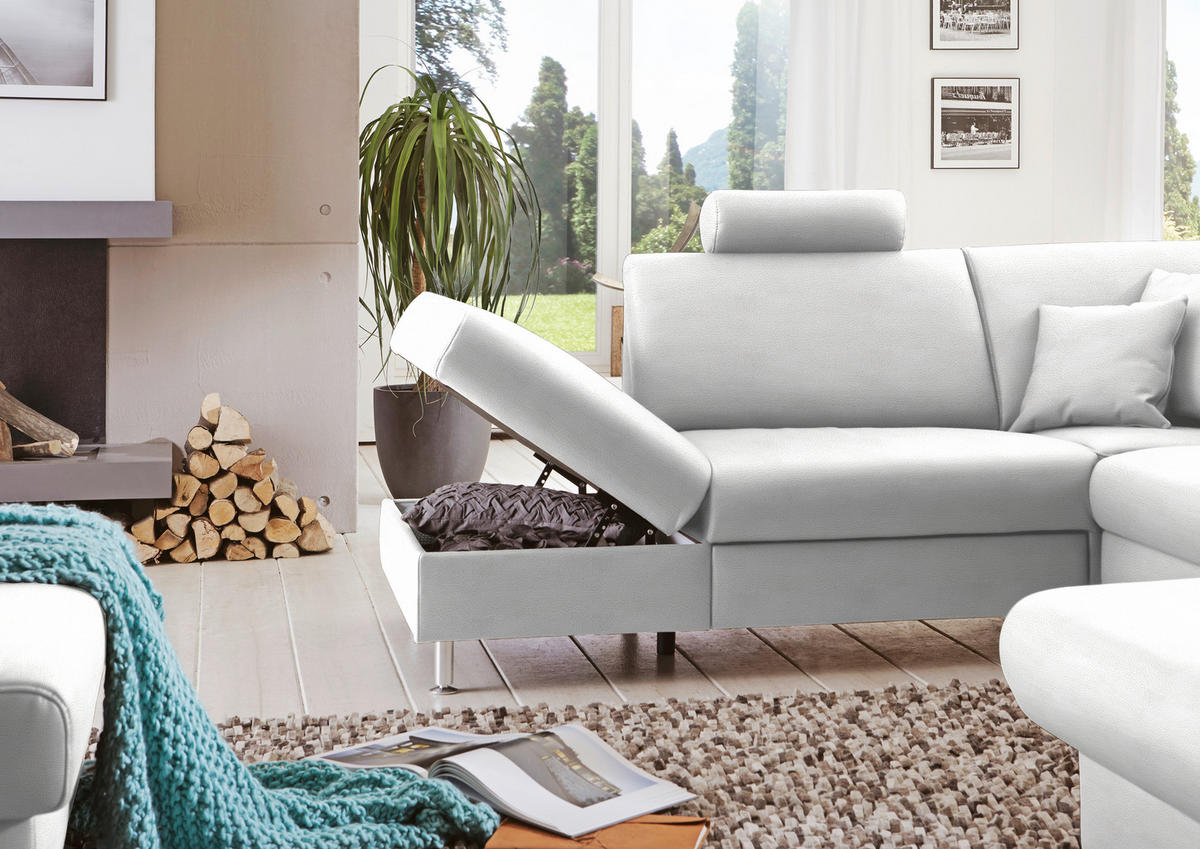 WOHNLANDSCHAFT in Echtleder Weiss  - Weiss/Alufarben, Design, Leder/Metall (233/339/165cm) - Beldomo Premium