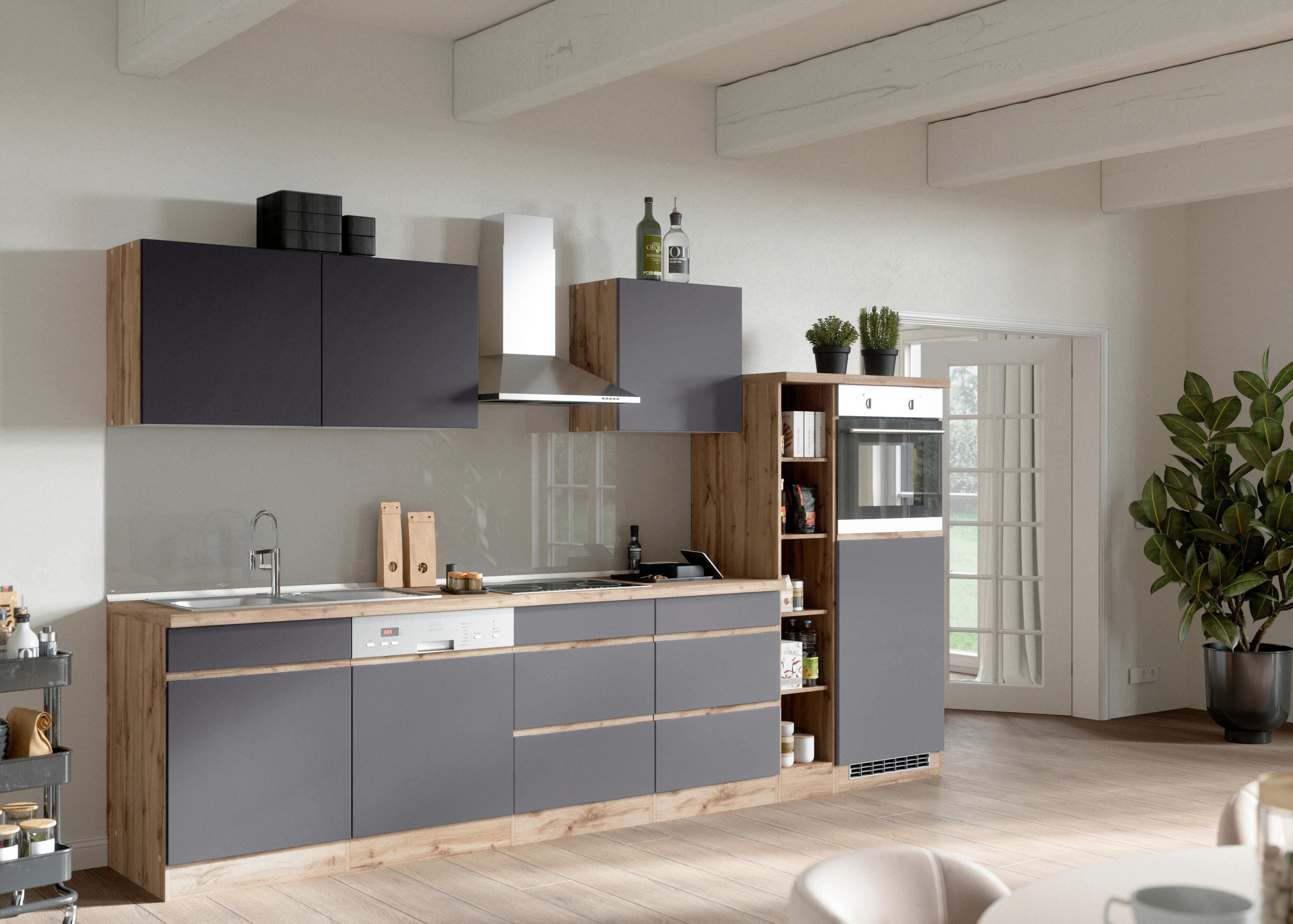 Küchenzeile Turin mit Geräten B: 330cm Grau/Wotaneiche Dekor