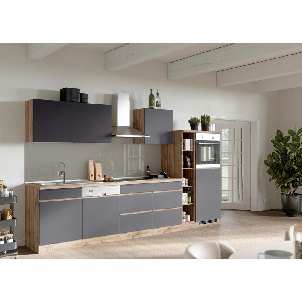 Küchenzeile Turin ohne Geräte B:330cm Grau/Wotan Eiche Dekor