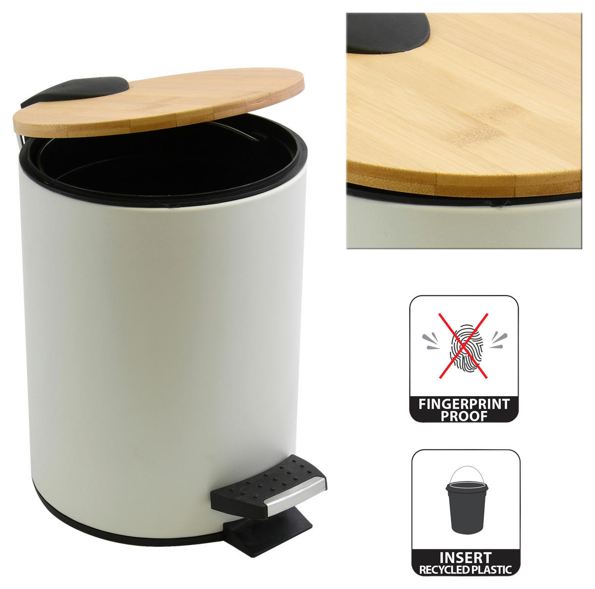 TRETEIMER ADONIS 5L MATT WHITE 5 L  - Schwarz/Weiß, KONVENTIONELL, Holz/Kunststoff (25,5/20,5/26,5cm) - Spirella