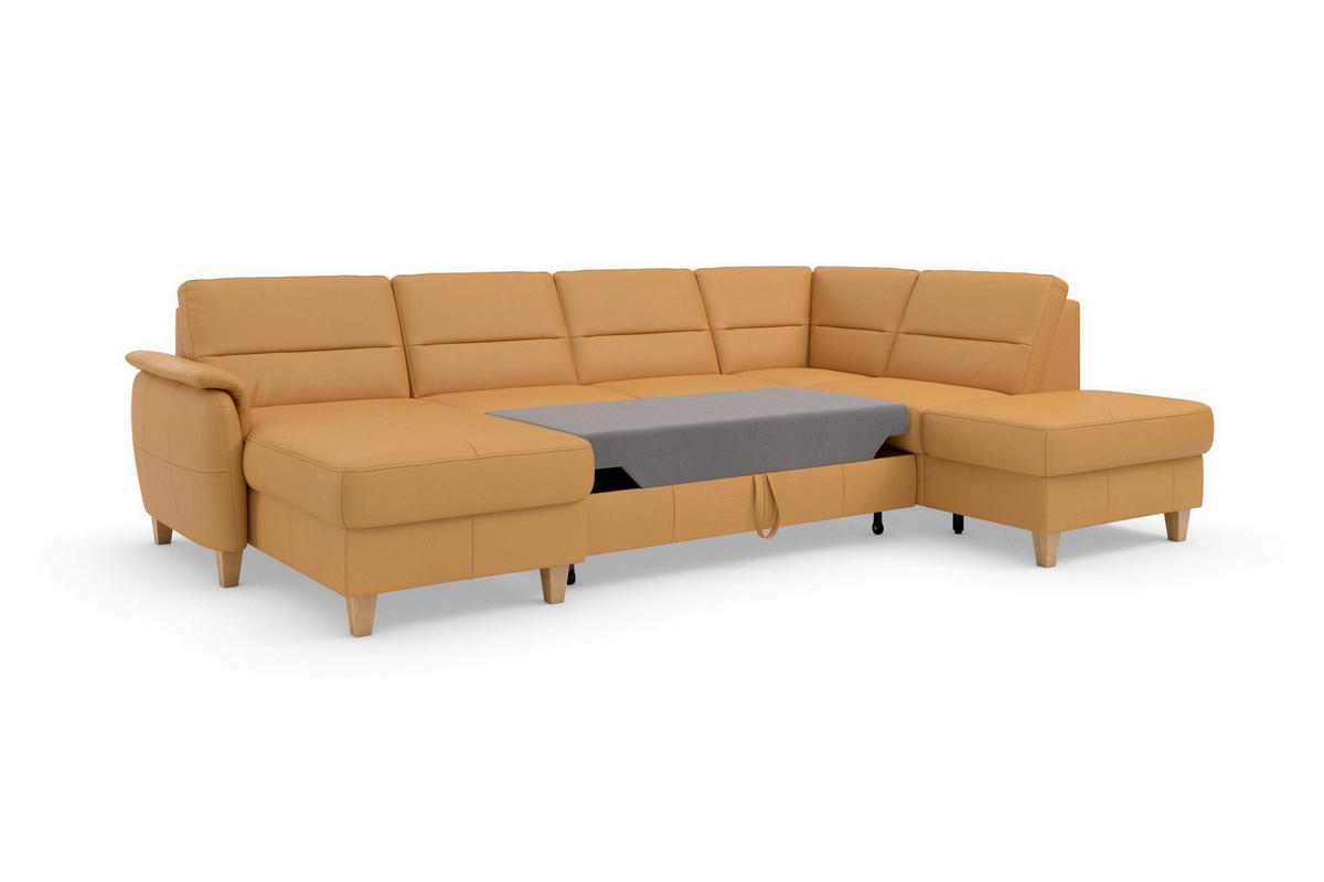 SEDACIA SÚPRAVA, textil, koža, kari žltá - farba duba/kari žltá, Basics, koža/drevo (163/308/212cm) - Sit & More