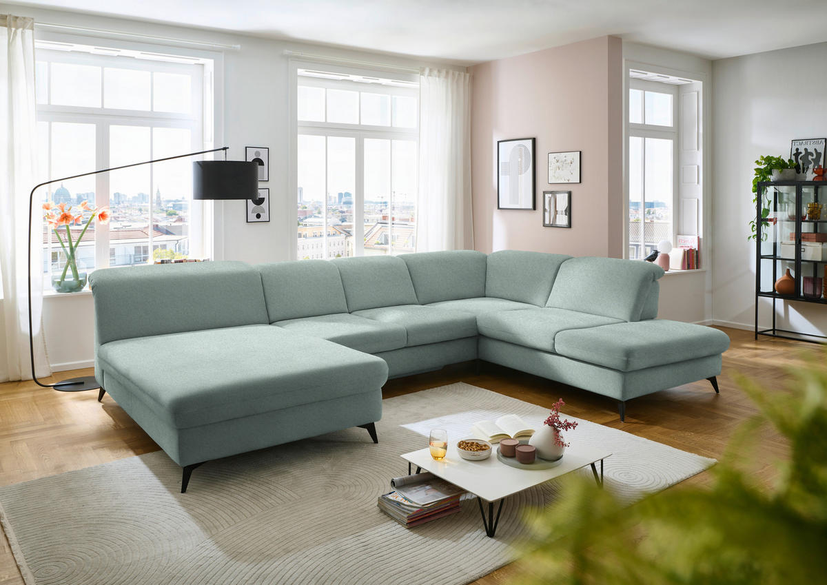 WOHNLANDSCHAFT  in Chenille Mintgrün  - Schwarz/Mintgrün, Design, Textil/Metall (198/369/255cm) - Beldomo Style