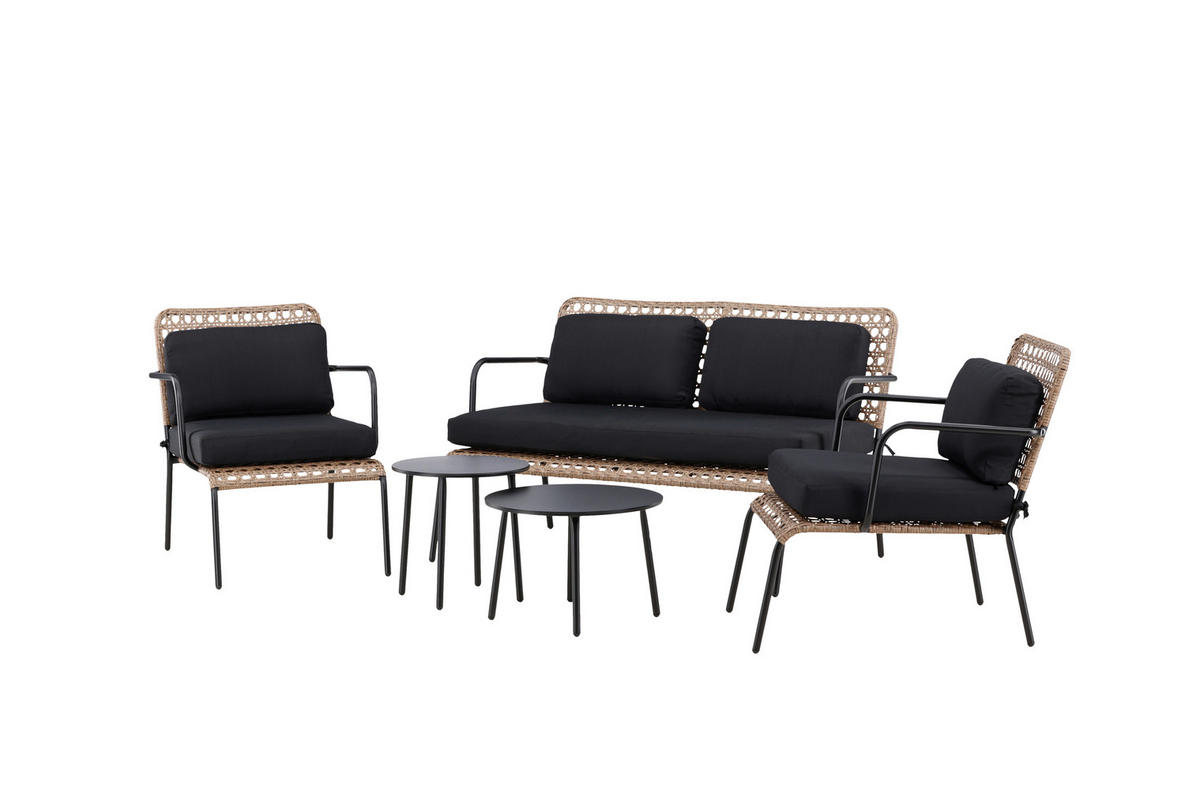 LOUNGEGARNITUR   Rattan Stahl  - Dunkelgrau/Schwarz, KONVENTIONELL, Naturmaterialien/Holz - Gardenson