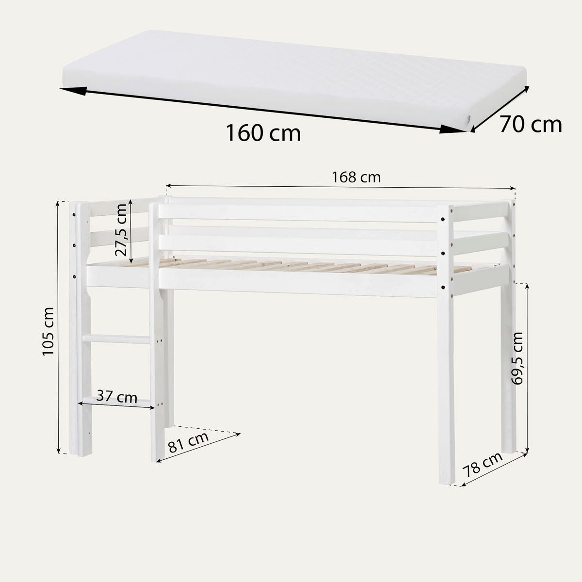 HOCHBETT 70/160 cm Weiß Weiß  - Naturfarben/Weiß, MODERN, Holz (70/160cm) - MID.YOU